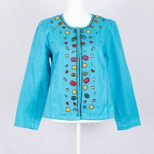 LifeStyle Women's Beaded Cotton Jacket Blue SZ SMALL Colorful Festive Bohemian